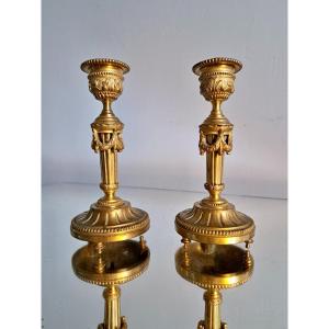 Pair Of Miniature Candlesticks In Gilded Bronze Louis XVI Style Napoleon III Period