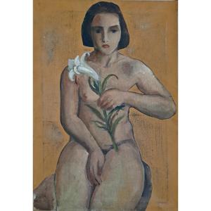 École Française portrait d'une femme nue au Lys