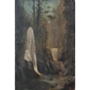 19th Century French School Sketch Of A Mountain Waterfall In The Undergrowth 