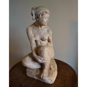 école Française terre cuite originale femme nue pensive signée