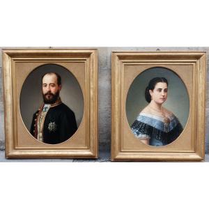 Paire de Portraits Famille Royale Espagne Ordre de Charles III