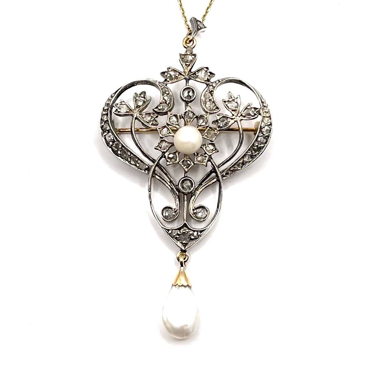 0253. Art Nouveau Pendant Brooch With Diamonds And Pearls-photo-4