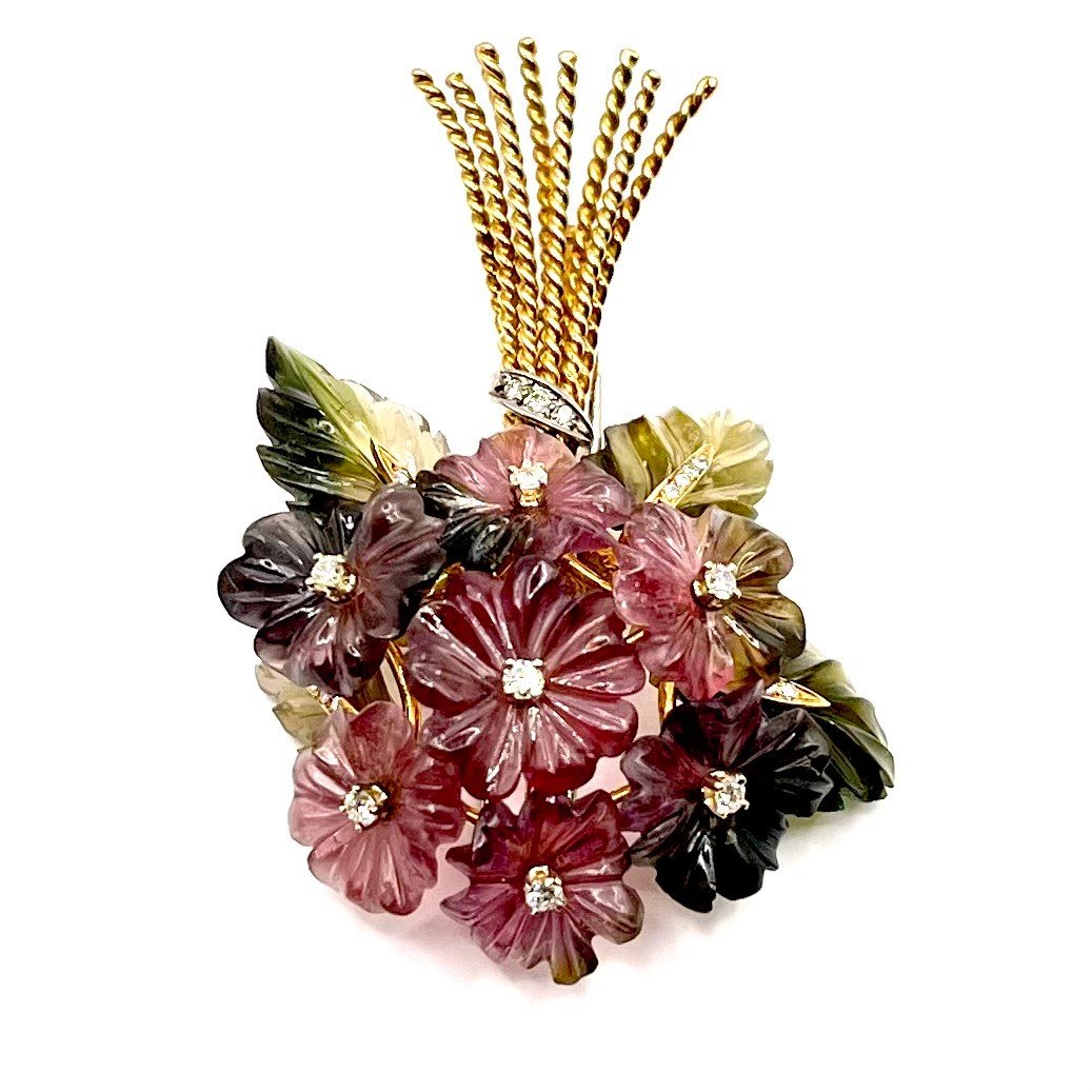 0234. Vintage Flower Brooch In Precious Stones-photo-3