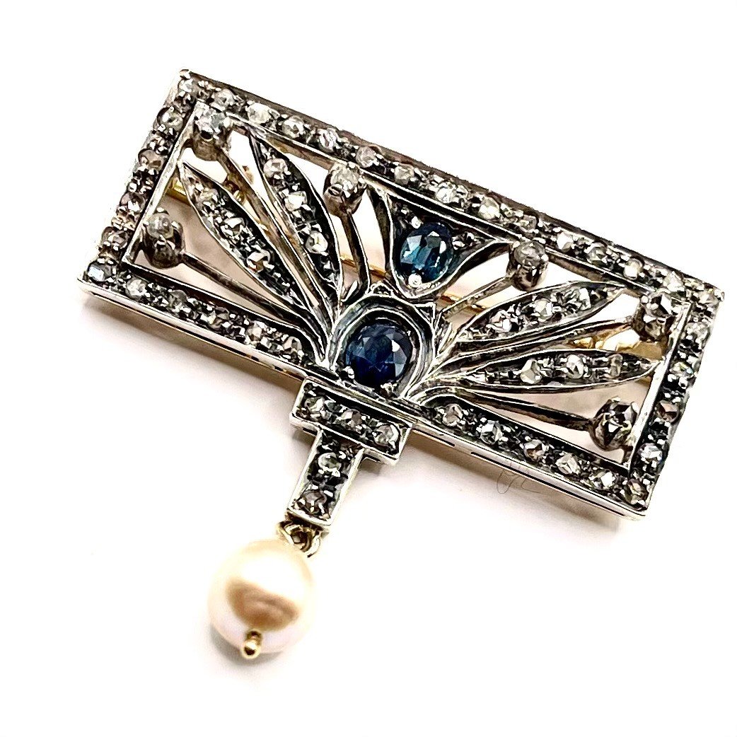 0161. Art Deco Brooch With Diamond And Blue Sapphire-photo-4