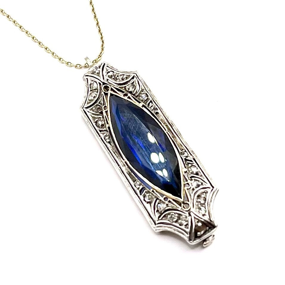 0250. Art Deco Pendant – Brooch With Diamonds And Blue Sapphire-photo-2