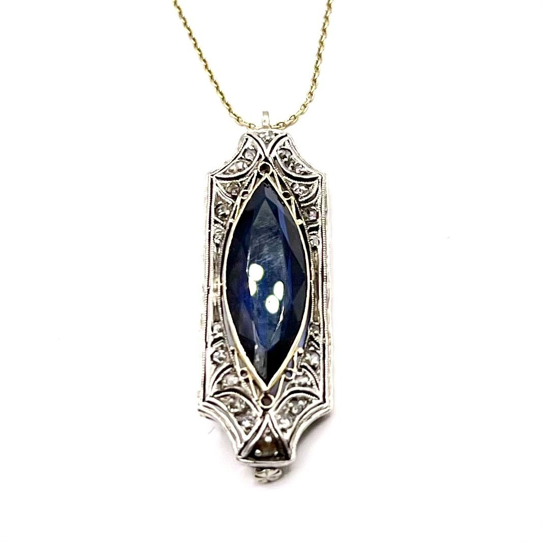 0250. Art Deco Pendant – Brooch With Diamonds And Blue Sapphire-photo-4