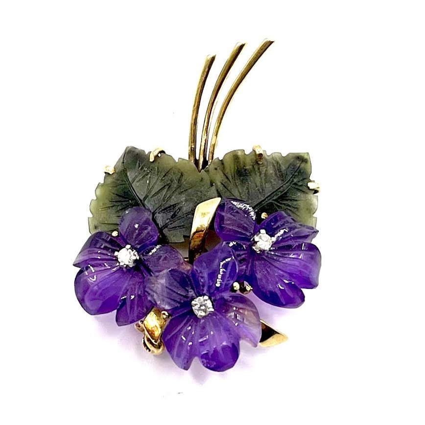1284. Broche Bouquet de Violettes Vintage en Pierres Précieuses-photo-4