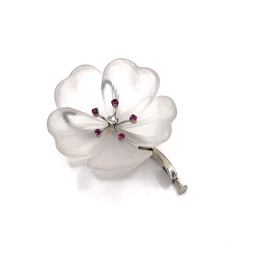 0810. Vintage White Gold Brooch With Rock Crystal, Rubies And Diamonds-photo-1