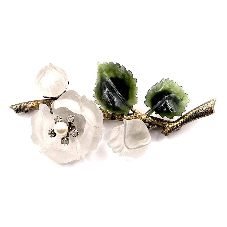 0804. Broche Vintage en Or Avec Cristal de Roche et Néphrite-photo-2