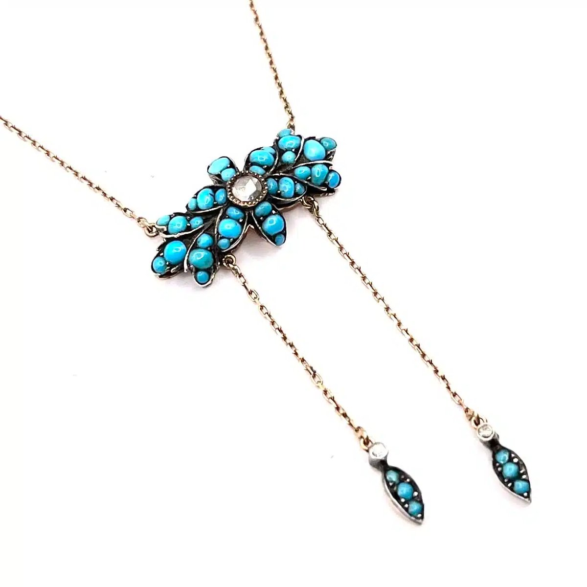 1292. Collier Ancien en Or Avec Turquoises et Diamants-photo-1