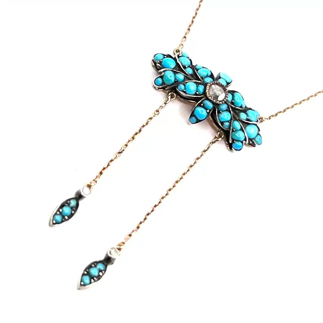 1292. Collier Ancien en Or Avec Turquoises et Diamants-photo-2