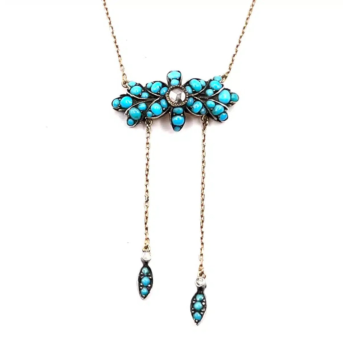 1292. Collier Ancien en Or Avec Turquoises et Diamants-photo-4