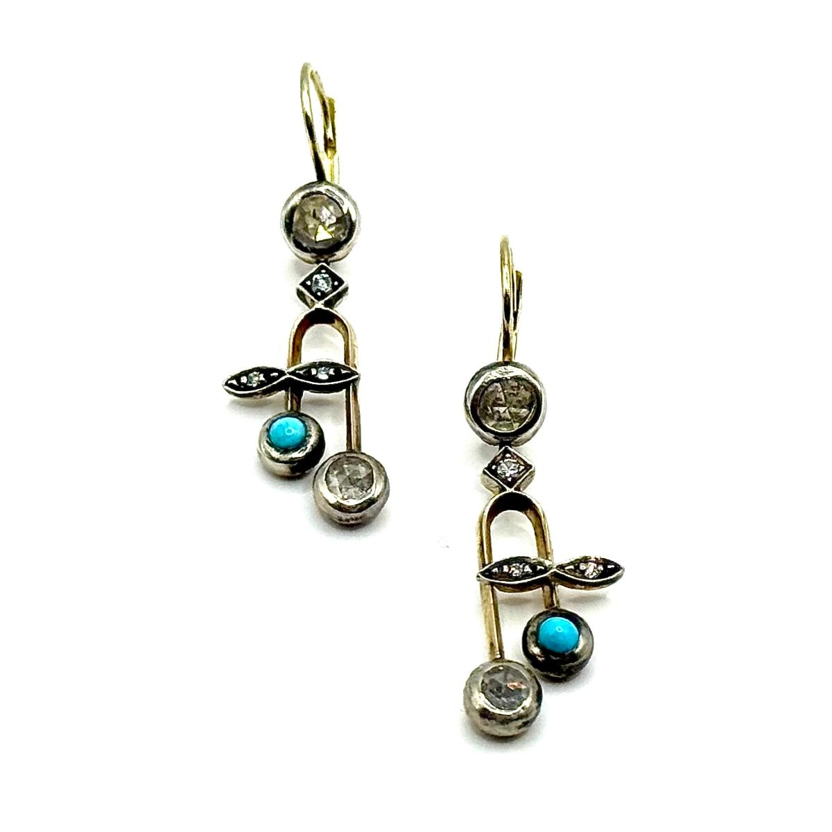 0773. Pair Of Gold Earrings Adorned With Diamonds And Turquoises-photo-3
