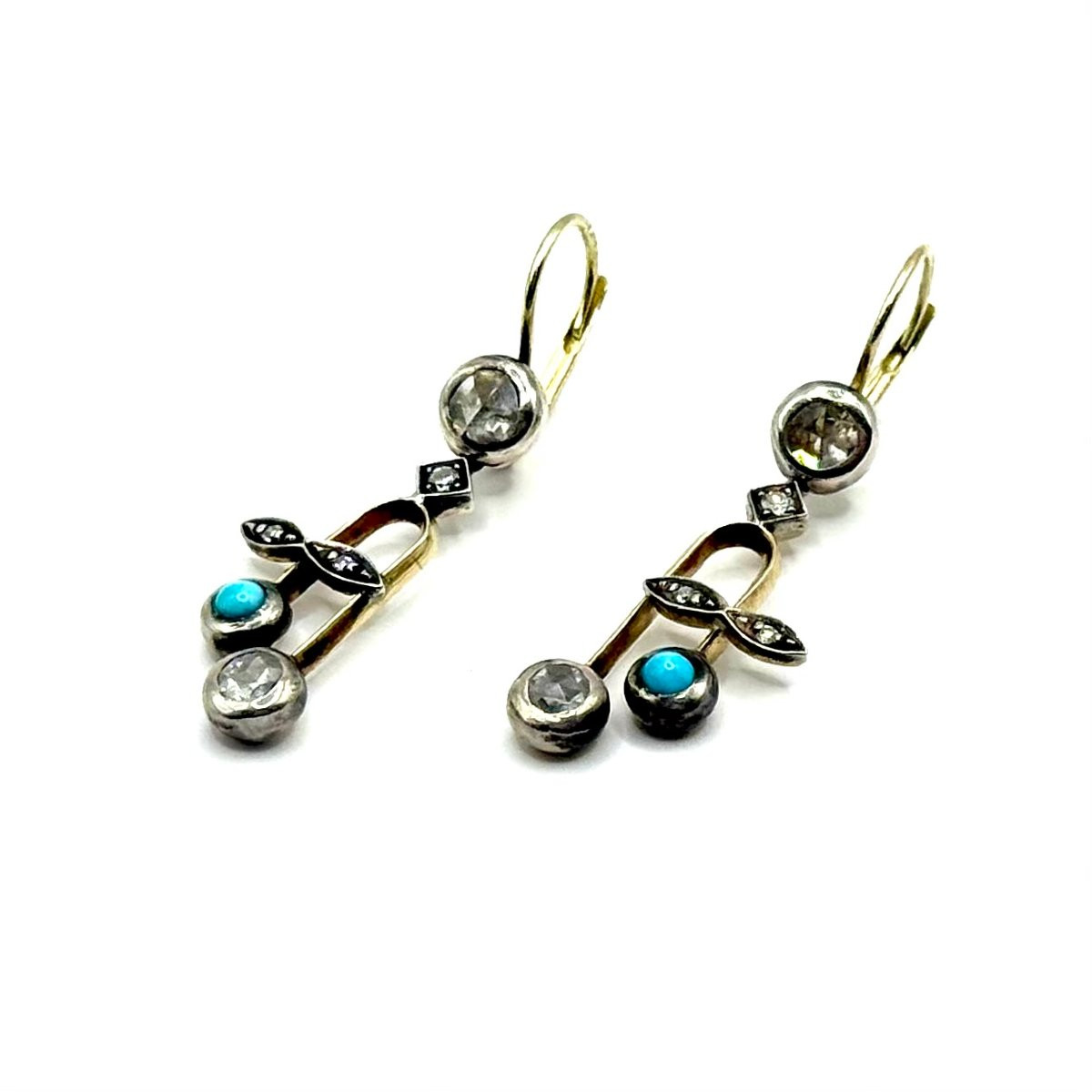 0773. Pair Of Gold Earrings Adorned With Diamonds And Turquoises-photo-5