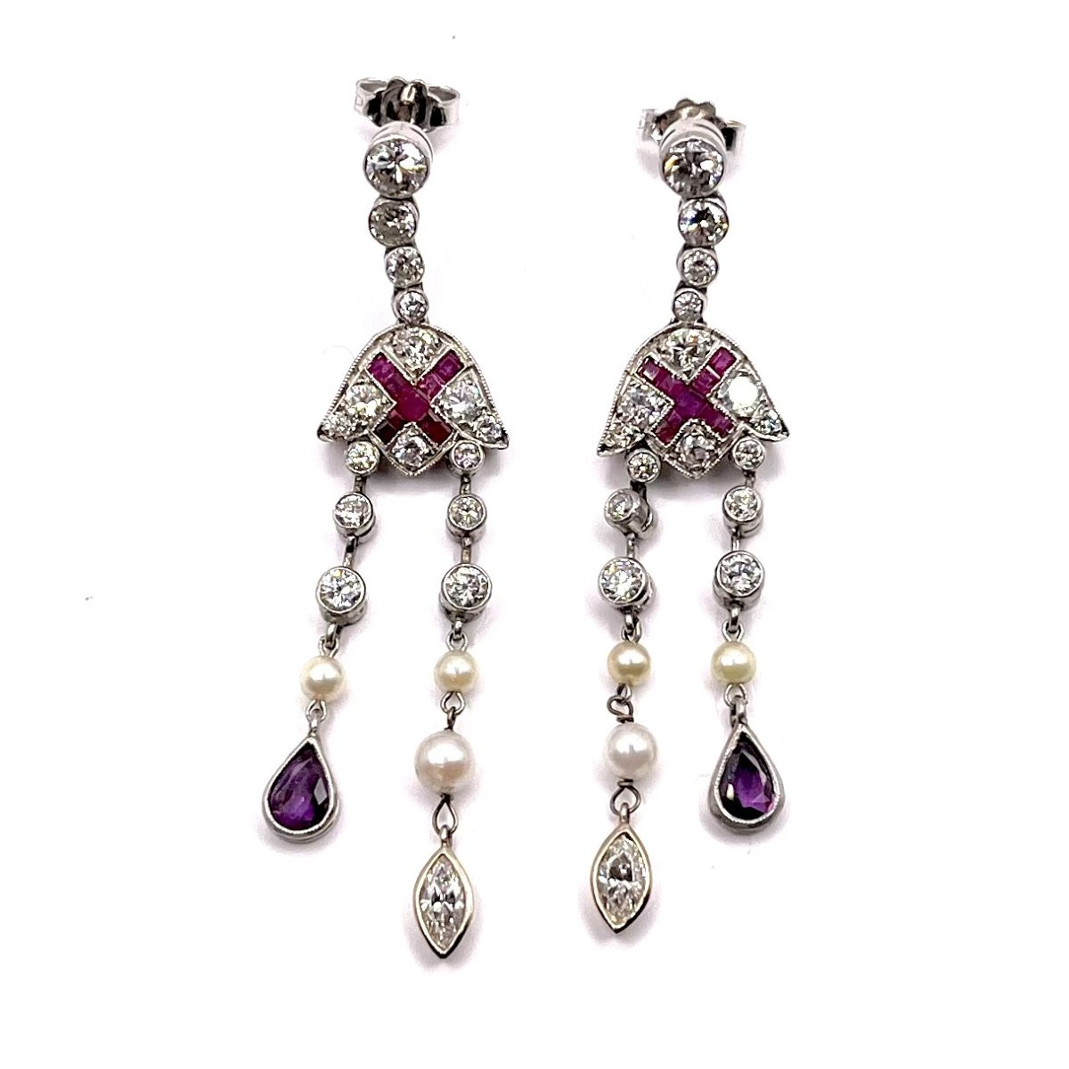 0919. Art Deco White Gold Earrings Adorned With Diamonds, Rubies And Pearls-photo-1
