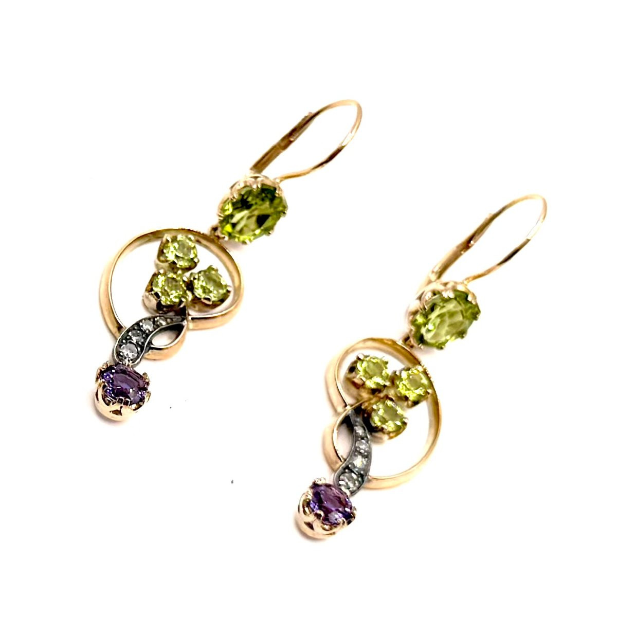 1311. Art Nouveau Earrings Adorned With Diamond, Olivine And Amethyst-photo-2
