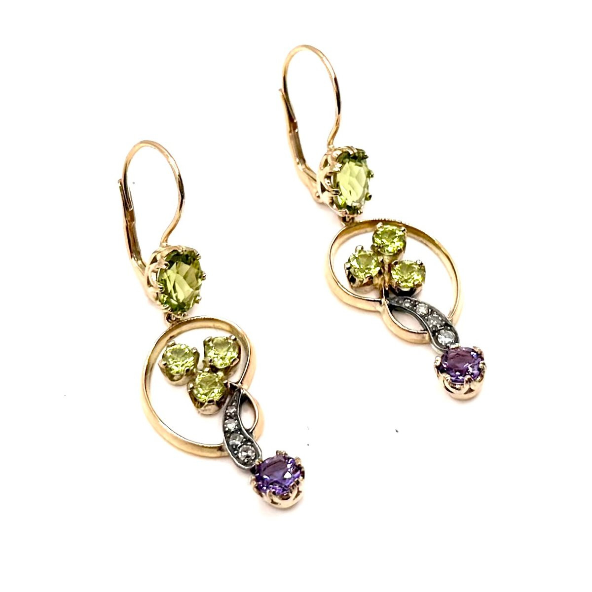1311. Art Nouveau Earrings Adorned With Diamond, Olivine And Amethyst-photo-3