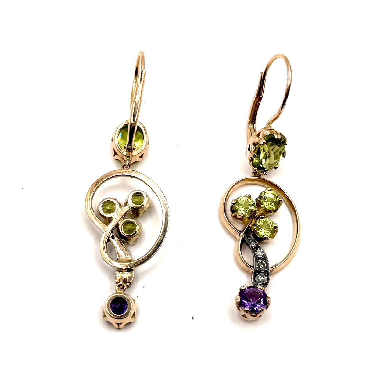1311. Art Nouveau Earrings Adorned With Diamond, Olivine And Amethyst-photo-4