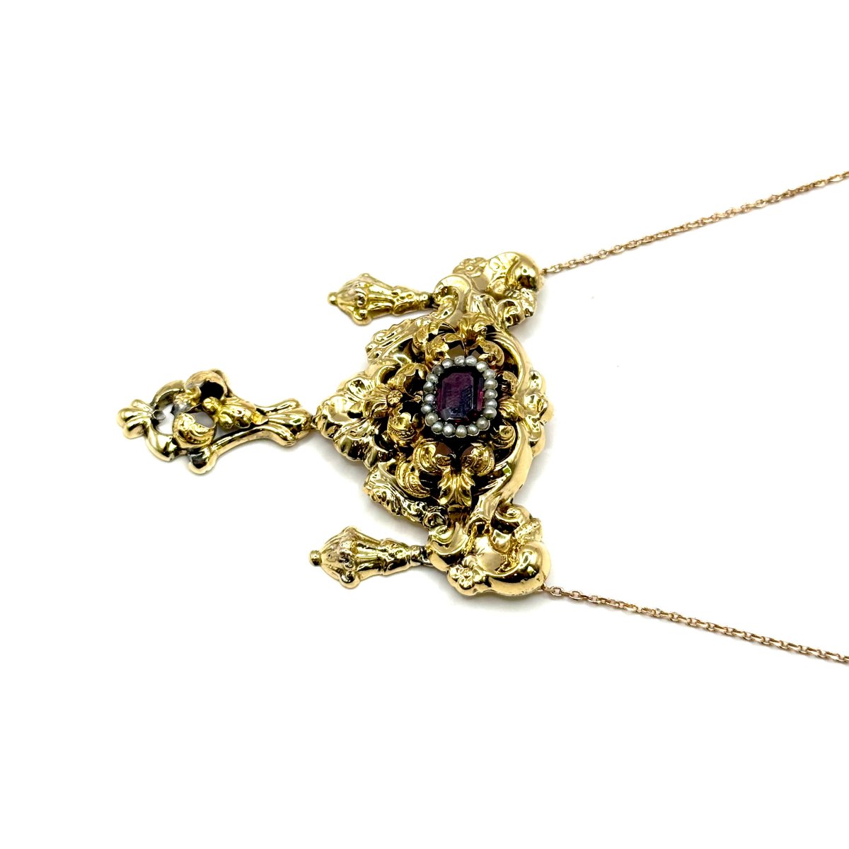 5175. Biedermeier Gold Necklace Adorned With Pearls And Garnets-photo-2