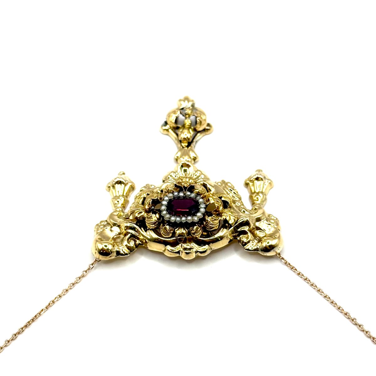 5175. Biedermeier Gold Necklace Adorned With Pearls And Garnets-photo-3