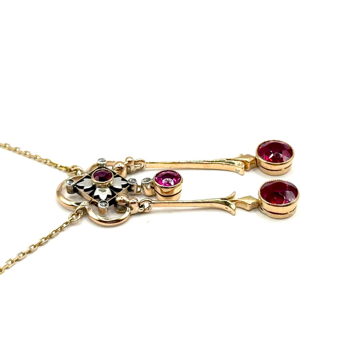 5176. Art Deco Gold Necklace Set With Diamonds And Rubies-photo-4