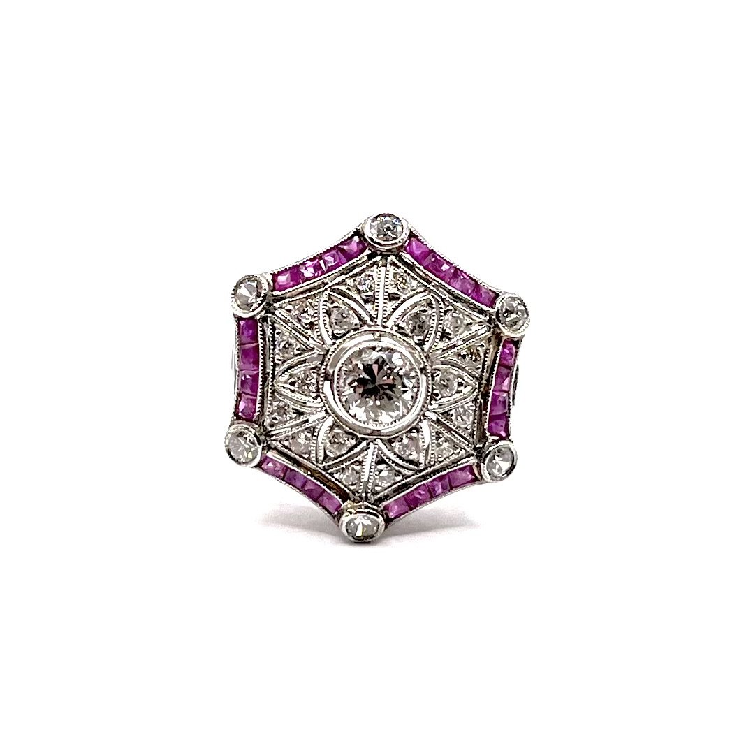 0909. Bague Art déco en platine avec diamant et rubis-photo-1
