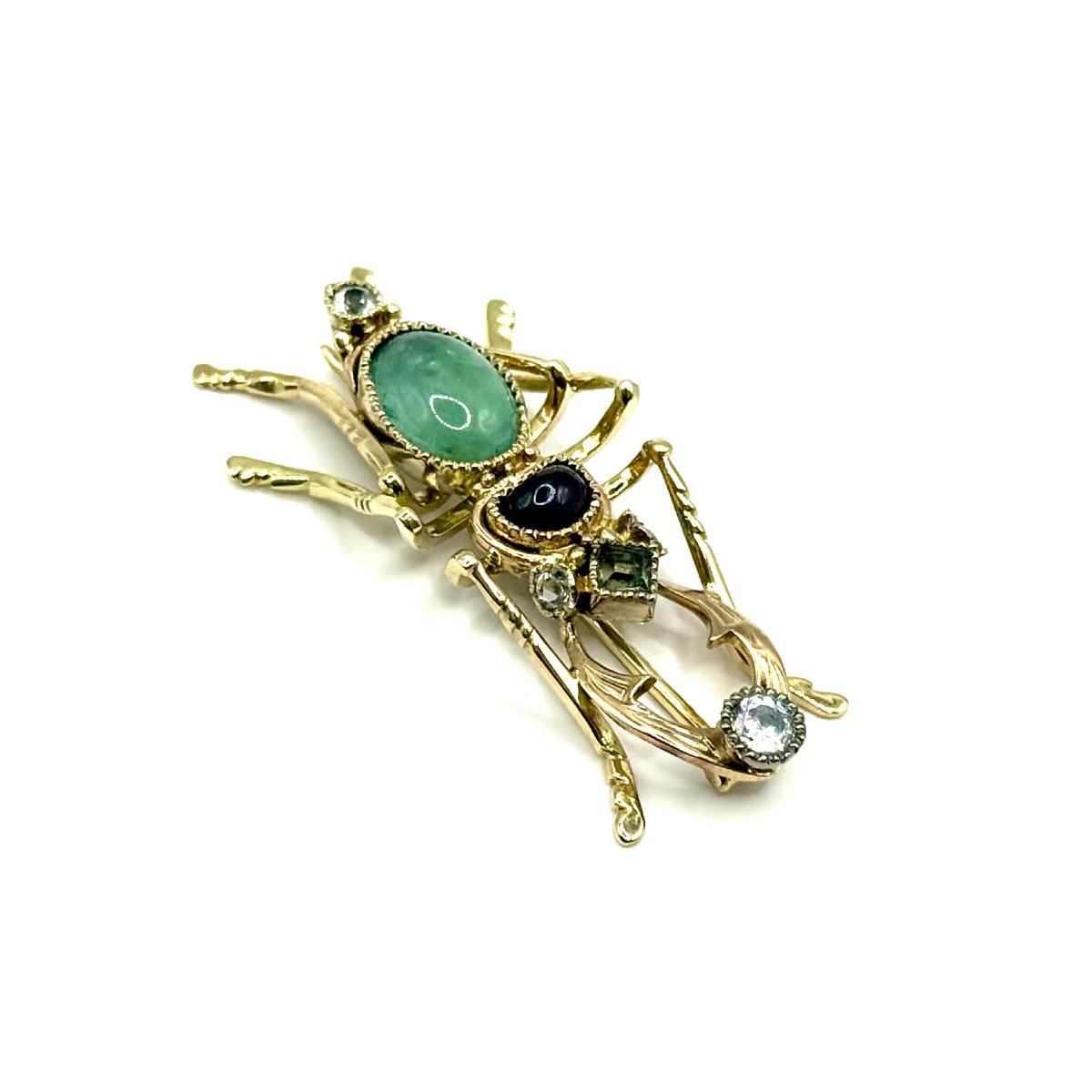 5007. Broche vintage en or en forme de scarabée, ornée de grenat, d’émeraude et de pierre ornem-photo-3