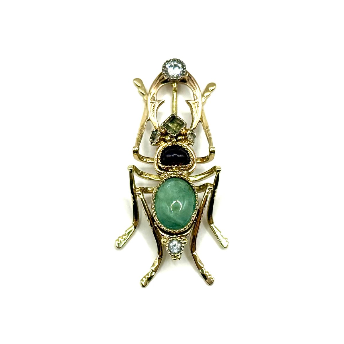 5007. Broche vintage en or en forme de scarabée, ornée de grenat, d’émeraude et de pierre ornem-photo-2