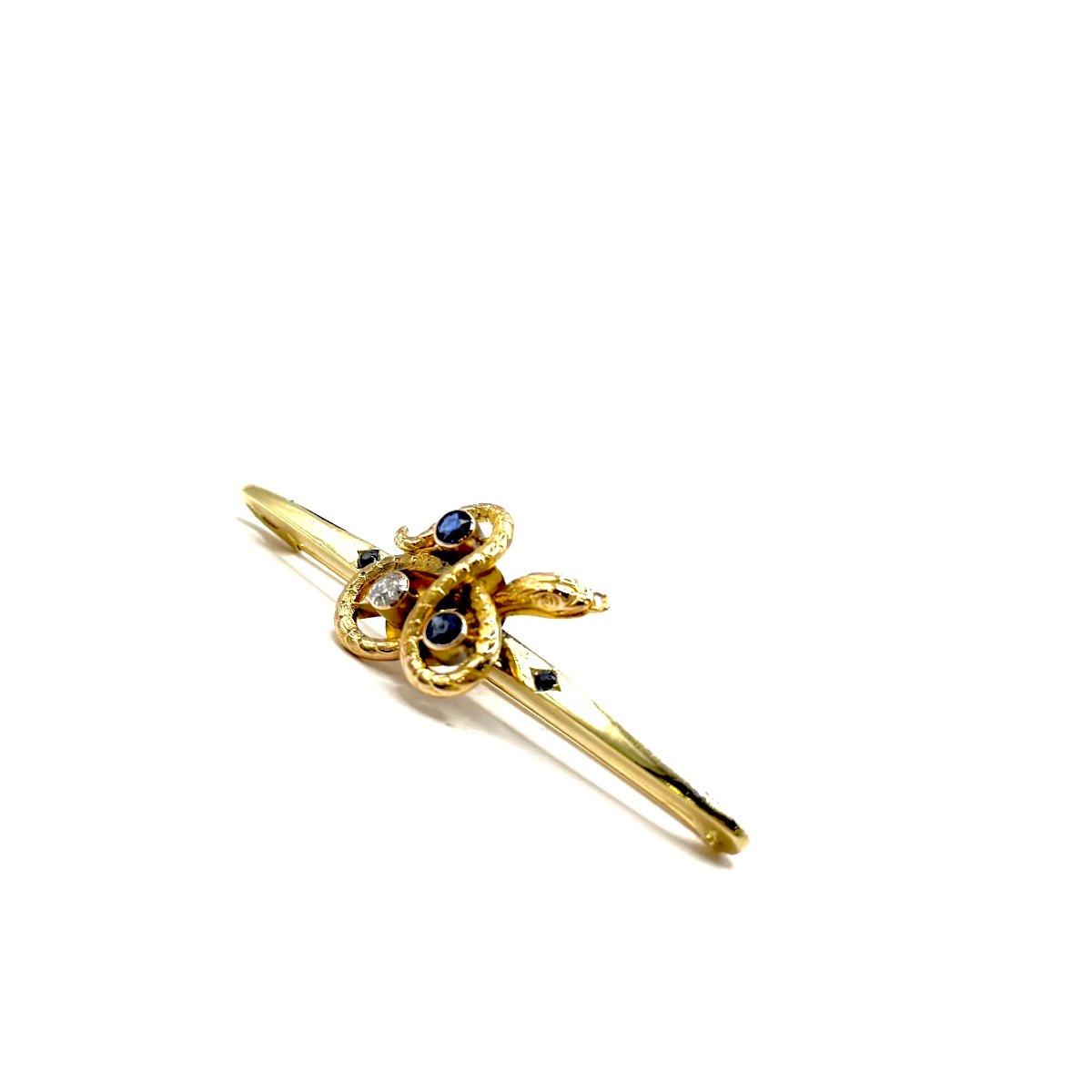 5177. Broche Art déco en or en forme de serpent, ornée de diamant et de pierre ornementale-photo-2