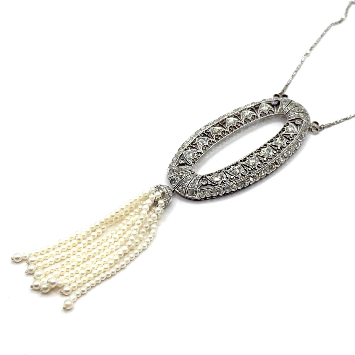 5126. Collier Art déco en or blanc avec diamants et perle d’eau douce-photo-3
