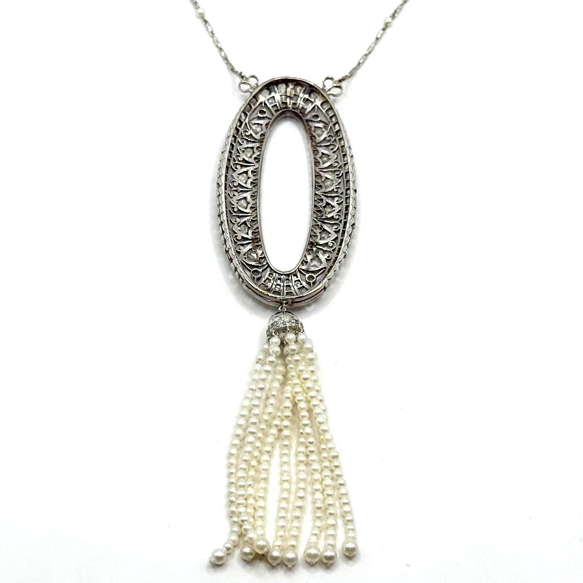 5126. Collier Art déco en or blanc avec diamants et perle d’eau douce-photo-4