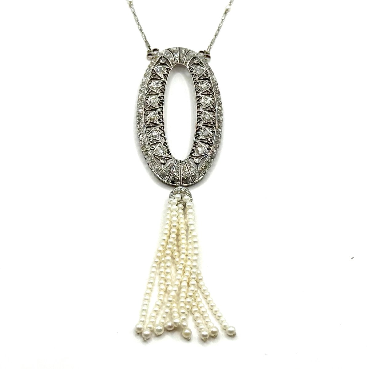 5126. Collier Art déco en or blanc avec diamants et perle d’eau douce-photo-1
