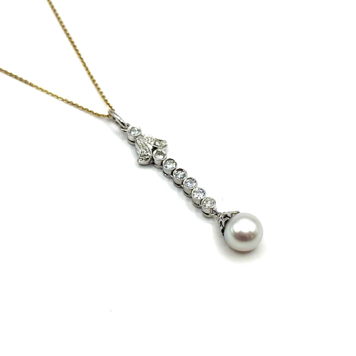 5140. Vintage White Gold Pendant With A Diamond And A Pearl-photo-2