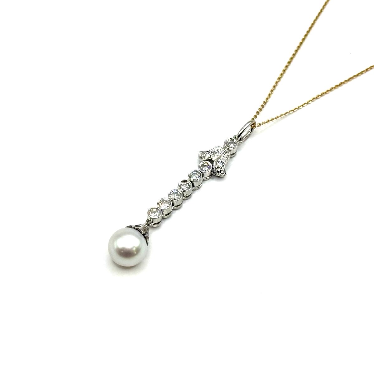 5140. Vintage White Gold Pendant With A Diamond And A Pearl-photo-3