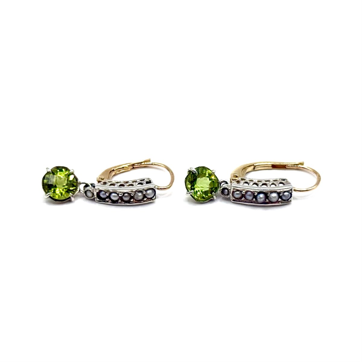 5149. Art Deco Gold Earrings With Olivine And Freshwater Pearls.-photo-3