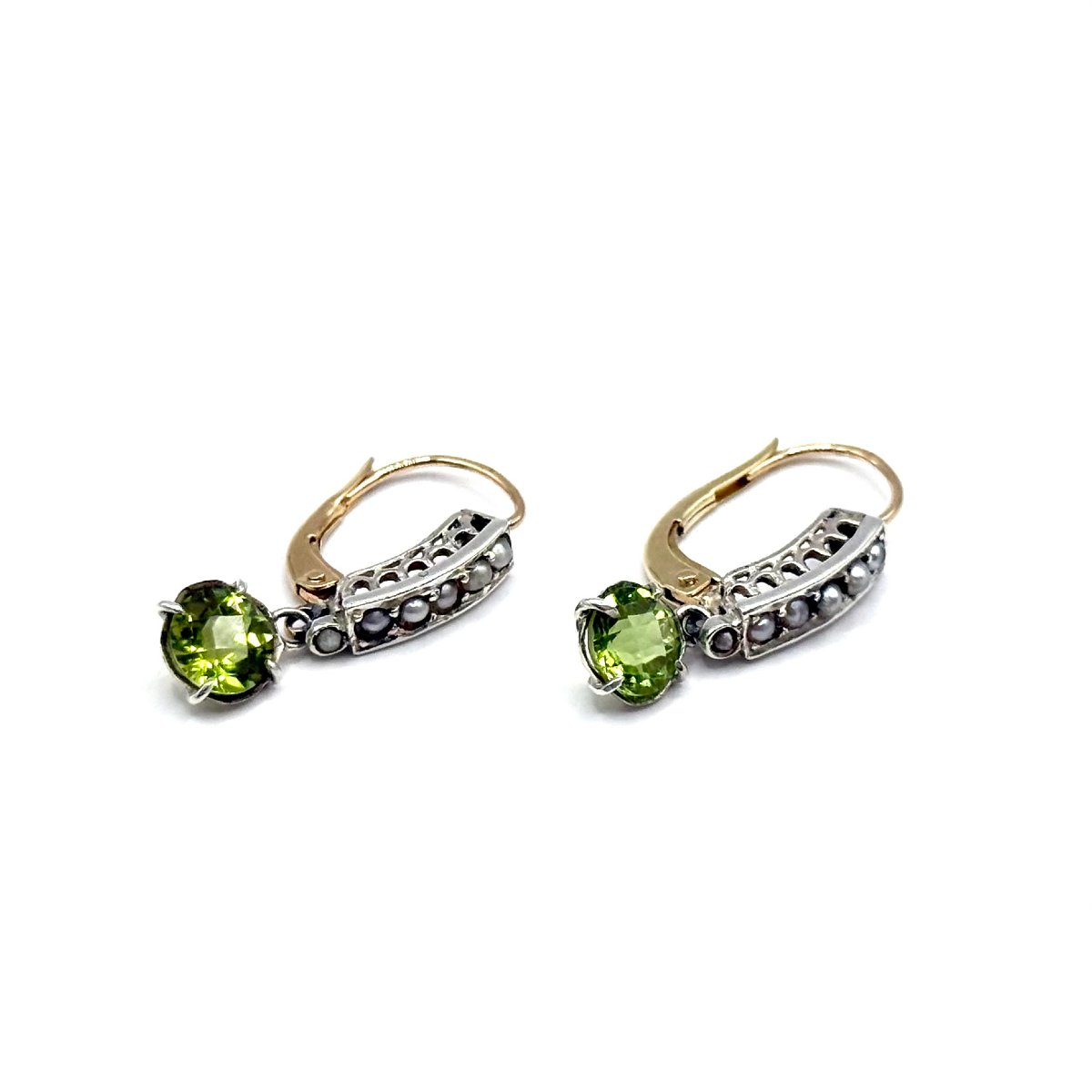 5149. Art Deco Gold Earrings With Olivine And Freshwater Pearls.-photo-2