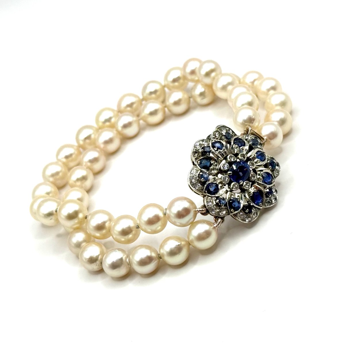 5019. Bracelet vintage en or et perles, avec saphir bleu et zircones-photo-2