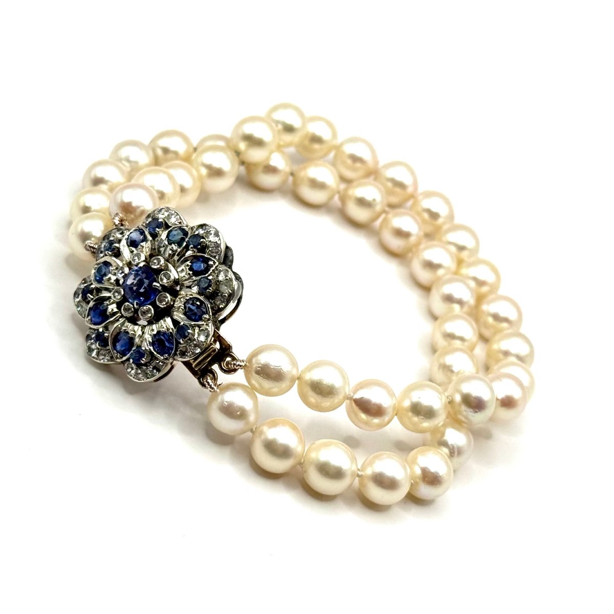 5019. Bracelet vintage en or et perles, avec saphir bleu et zircones-photo-3