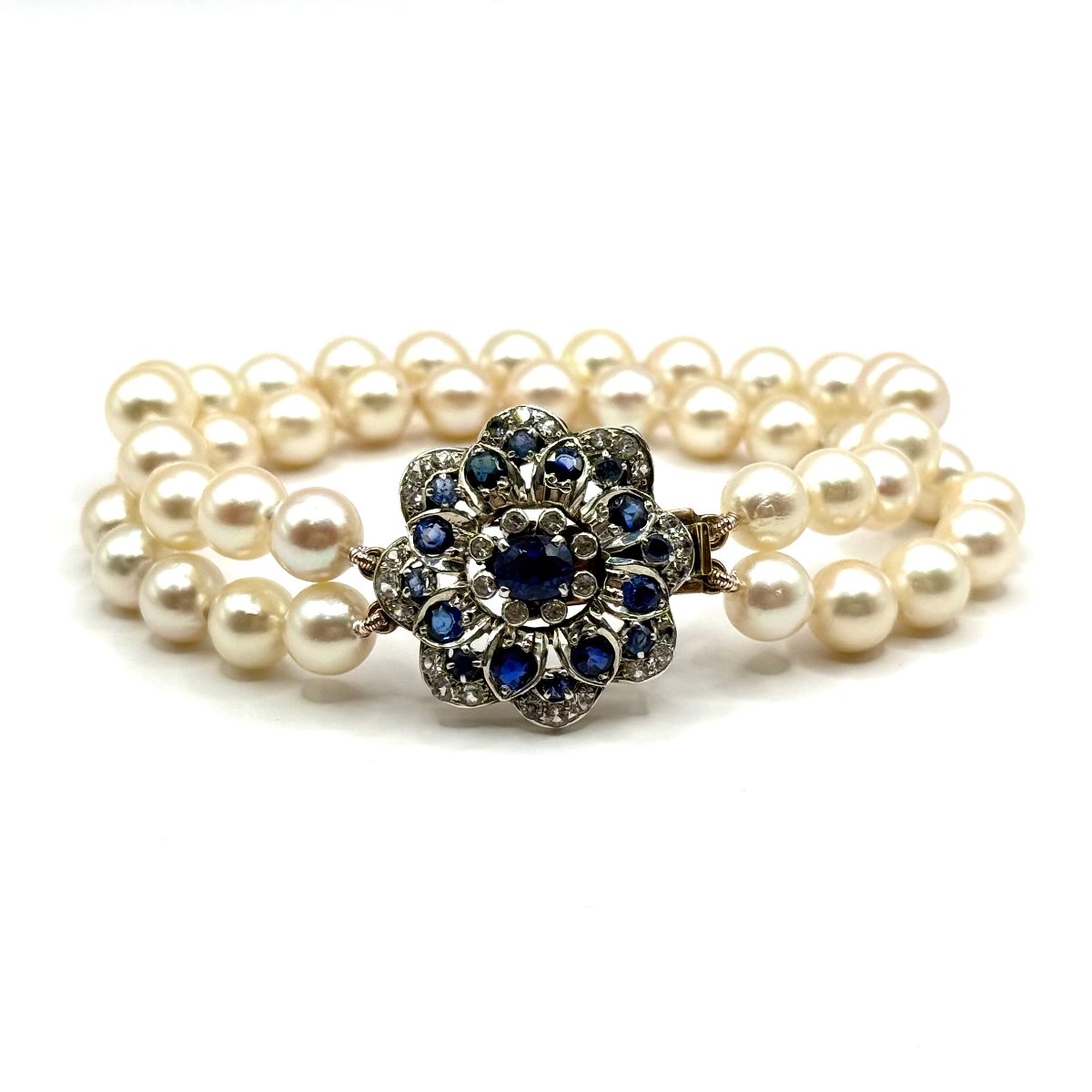 5019. Bracelet vintage en or et perles, avec saphir bleu et zircones-photo-1