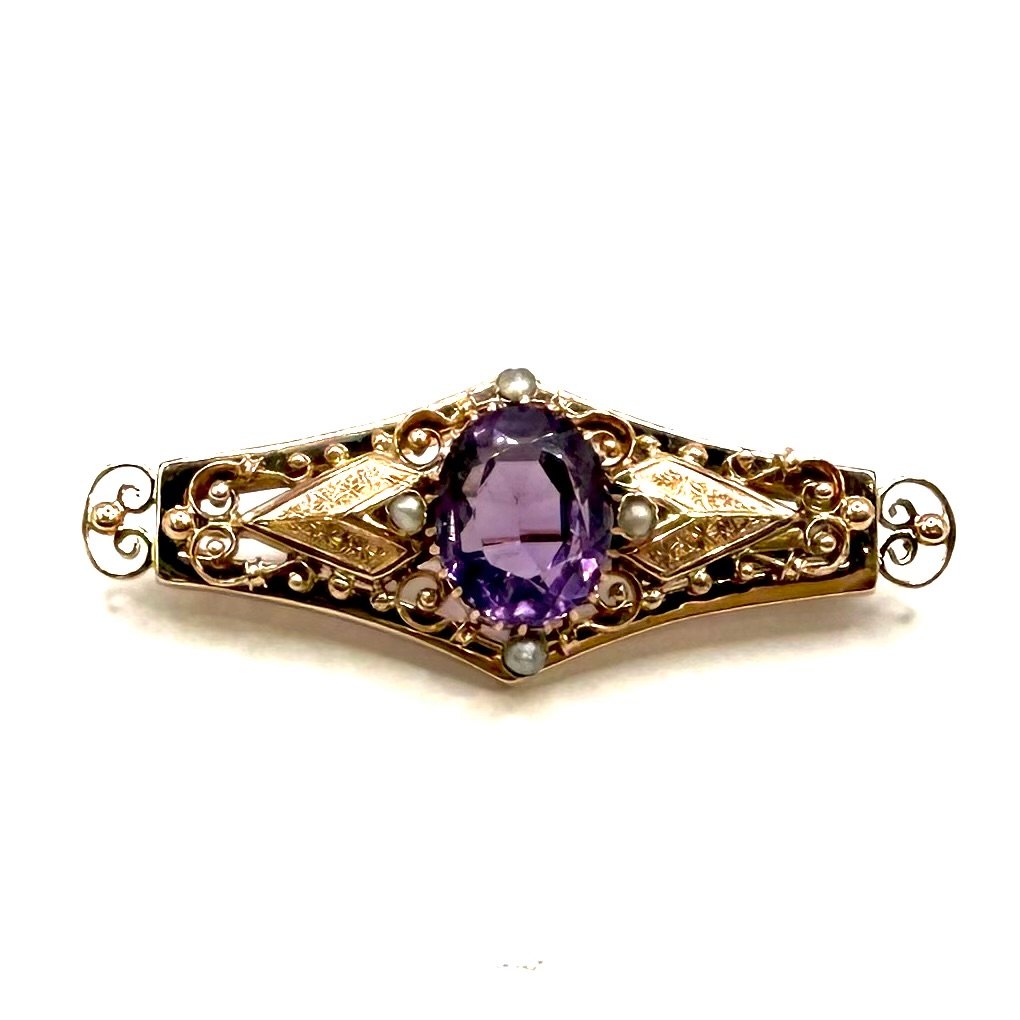 5232. Art Deco Jewelry Set In Gold, Amethysts, And Pearls.-photo-3