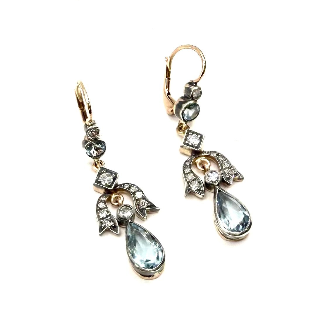 5262. Art Deco Gold Earrings  With Diamonds And Aquamarines.-photo-2