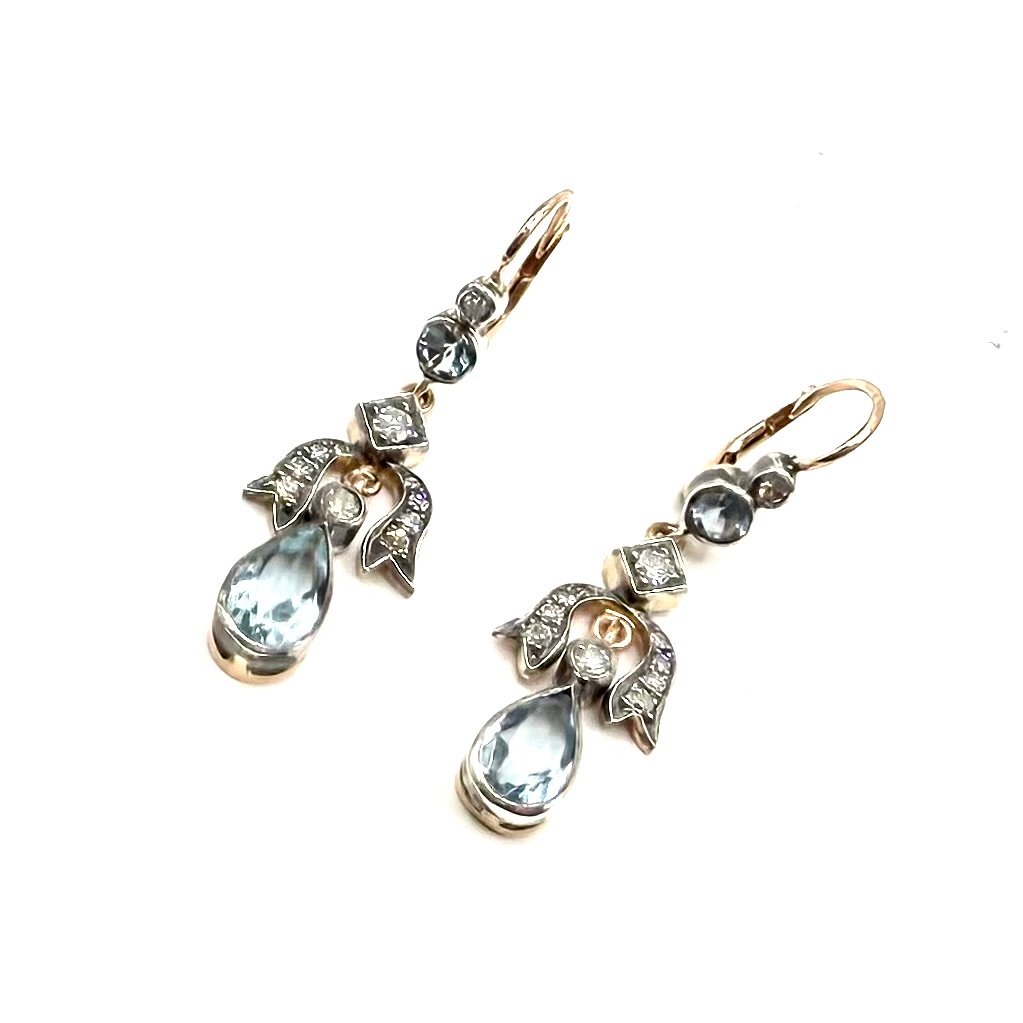 5262. Art Deco Gold Earrings  With Diamonds And Aquamarines.-photo-3