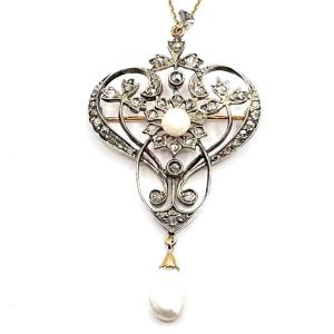 0253. Art Nouveau Pendant Brooch With Diamonds And Pearls