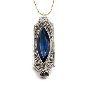 0250. Art Deco Pendant - Brooch With Diamonds And Blue Sapphire