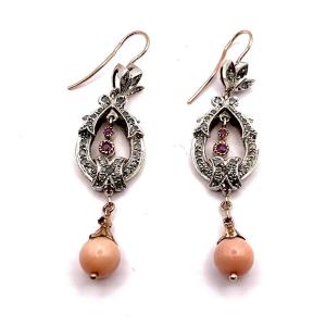 4611. Coral Earrings With Diamonds And Rubies