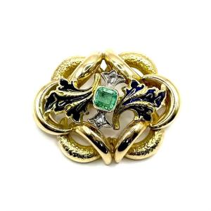 R38. Biedermeier Gold Brooch With Diamond, Emerald And Enamel