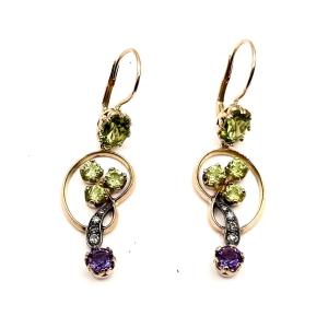 1311. Art Nouveau Earrings Adorned With Diamond, Olivine And Amethyst