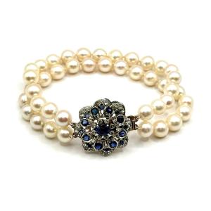 5019. Vintage Gold And Pearl Bracelet With A Blue Sapphire And Zirconia Stones