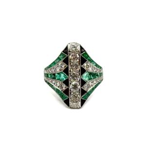 1424. Art Deco Ring With Diamond, Emerald And Onyx