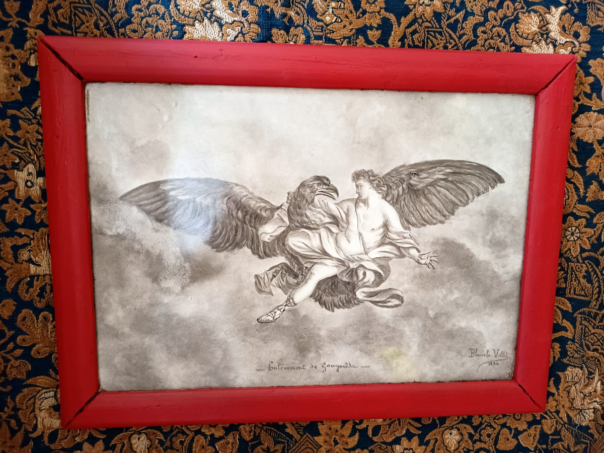 L'enlèvement de Ganymède, peinture sur porcelaine.